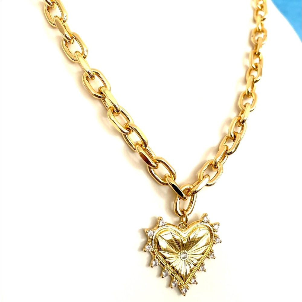 18k Gold Filled Chunky Paperclip Chain Pendant Necklace CZ Heart Charm Pendant - Picture 4 of 6